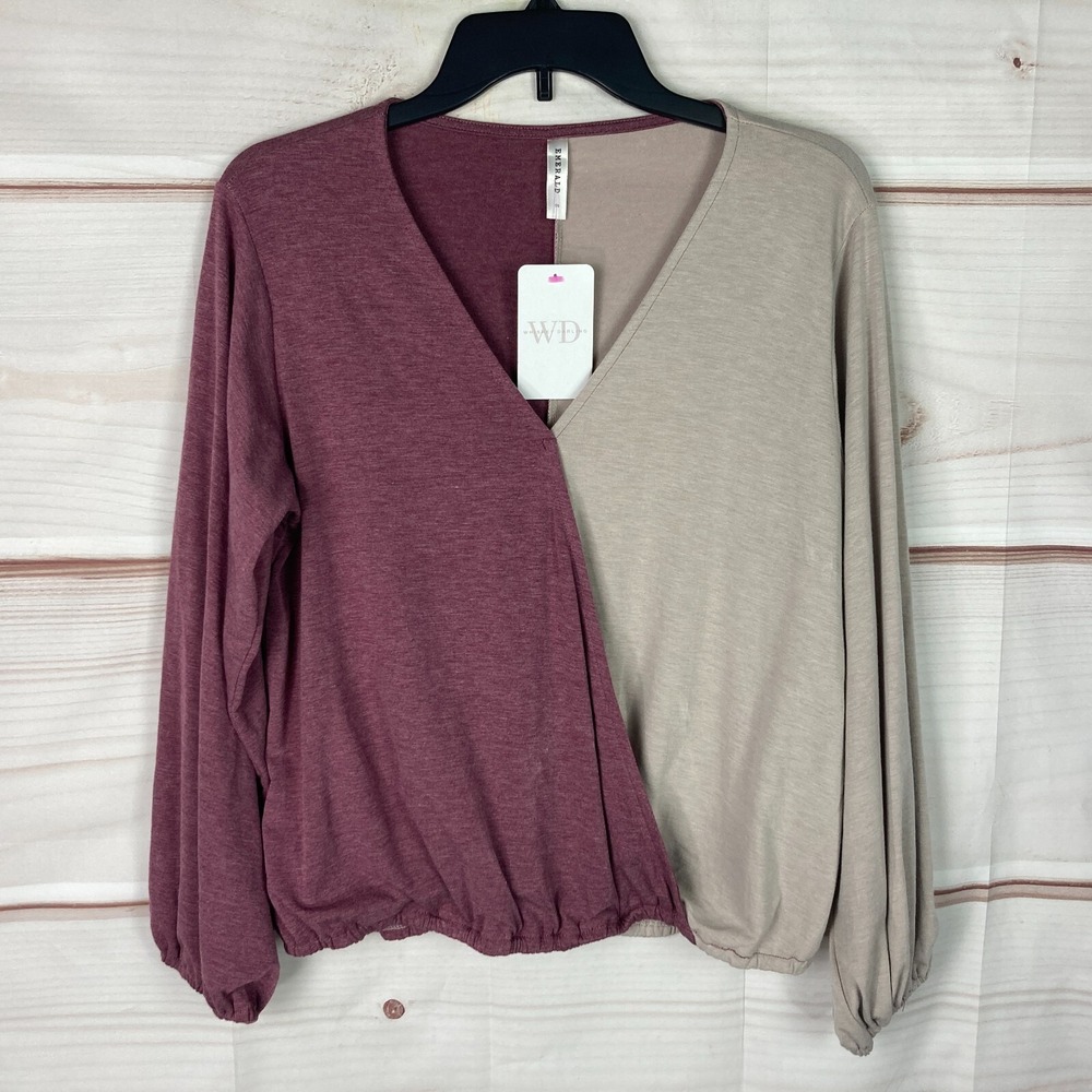 Emerald Top Womens Small Purple Beige Color Block Faux Wrap Blouse V-Neck Knit